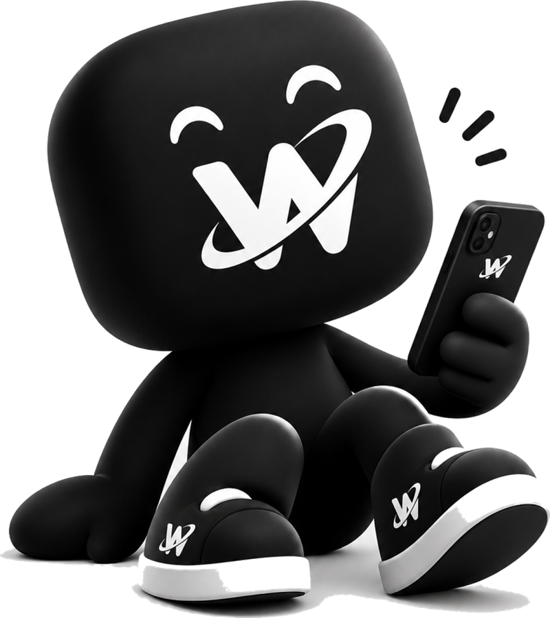 The Wapphub mascot sitting and smiling at a phone